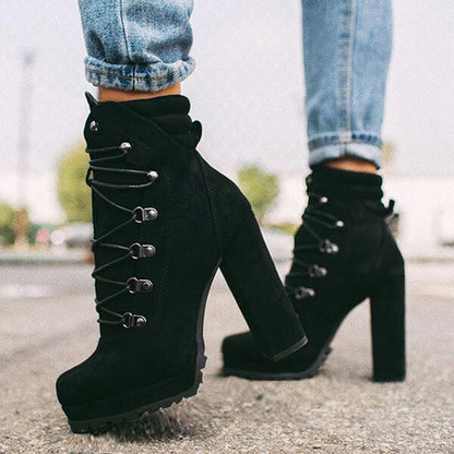 Women's Lace-Up Mid-Calf Heeled Boots – Stylish Round Toe High Heel Boots