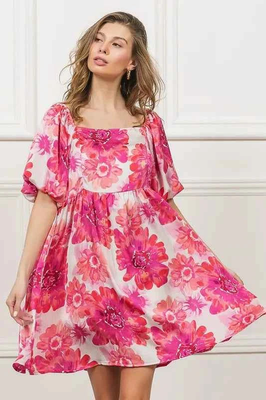 BiBi Floral Square Neck Puff Sleeve Mini Dress