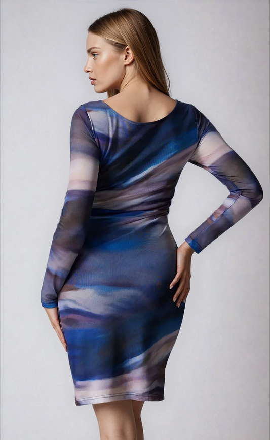 Blue Hour Revery Watercolor Mesh Midi Dress