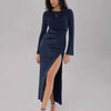 Split Round Neck Long Sleeve Midi Dress