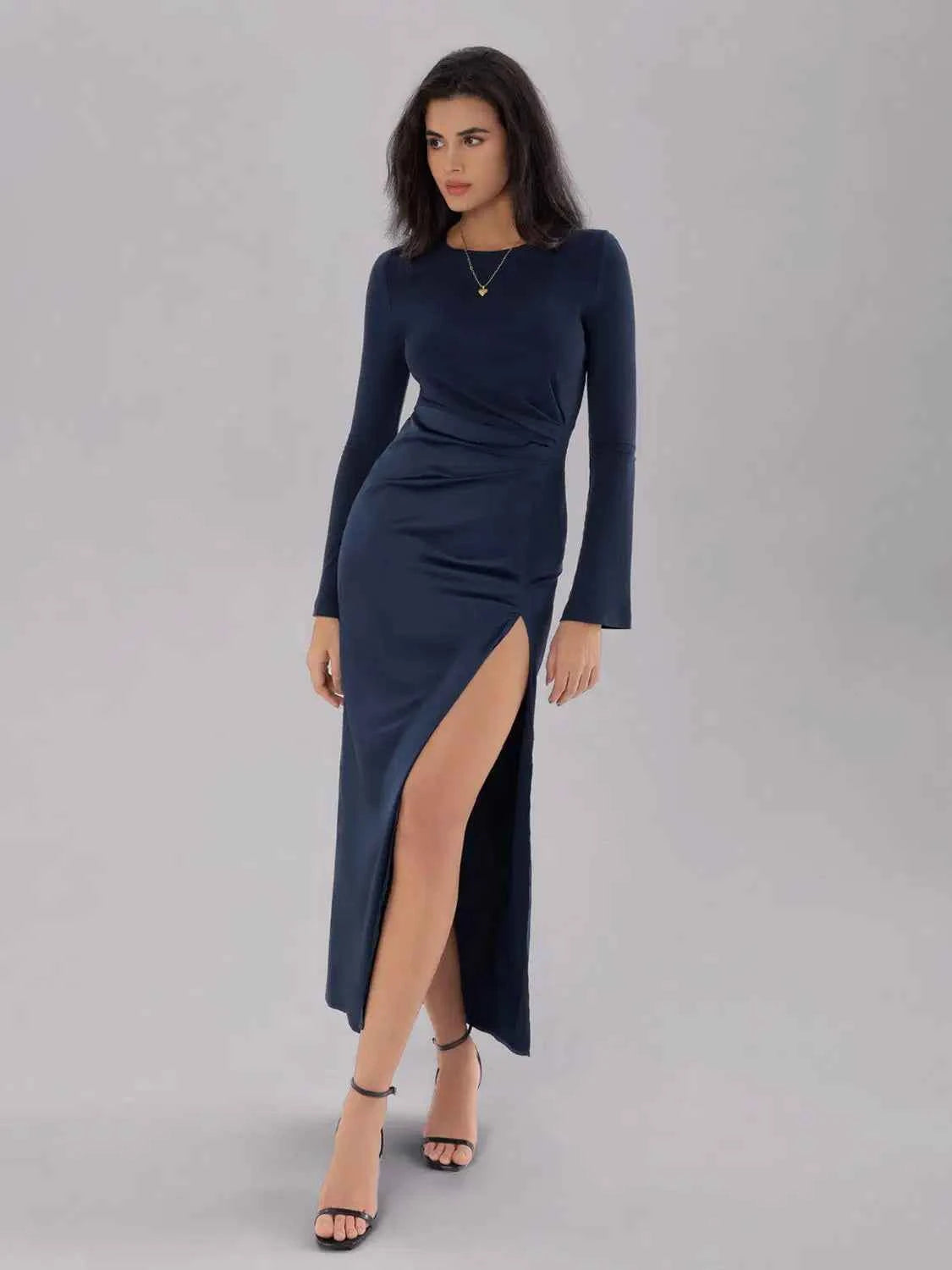 Split Round Neck Long Sleeve Midi Dress