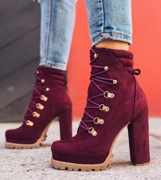 Women's Lace-Up Mid-Calf Heeled Boots – Stylish Round Toe High Heel Boots