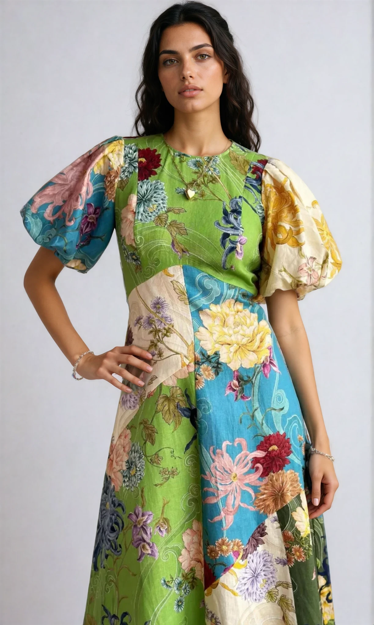 Helia Daydream Patchwork Puff Sleeve Dress