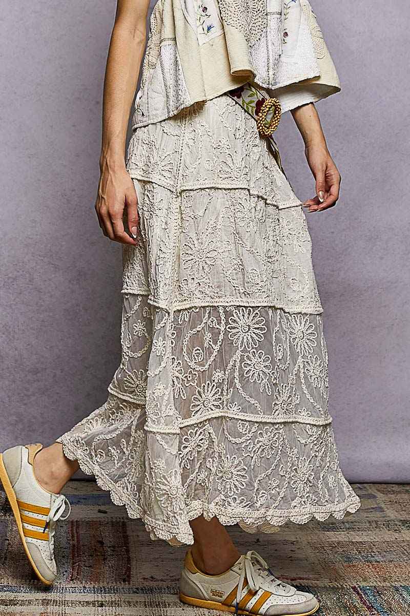 POL Floral Embroidered Tiered Crochet Skirt