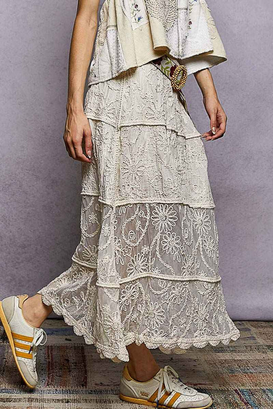 POL Floral Embroidered Tiered Crochet Skirt