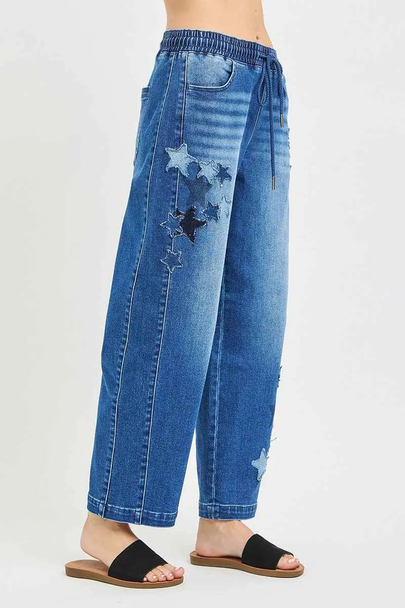 RISEN Elastic Band Slouchy Cropped Barrel with Star Patch