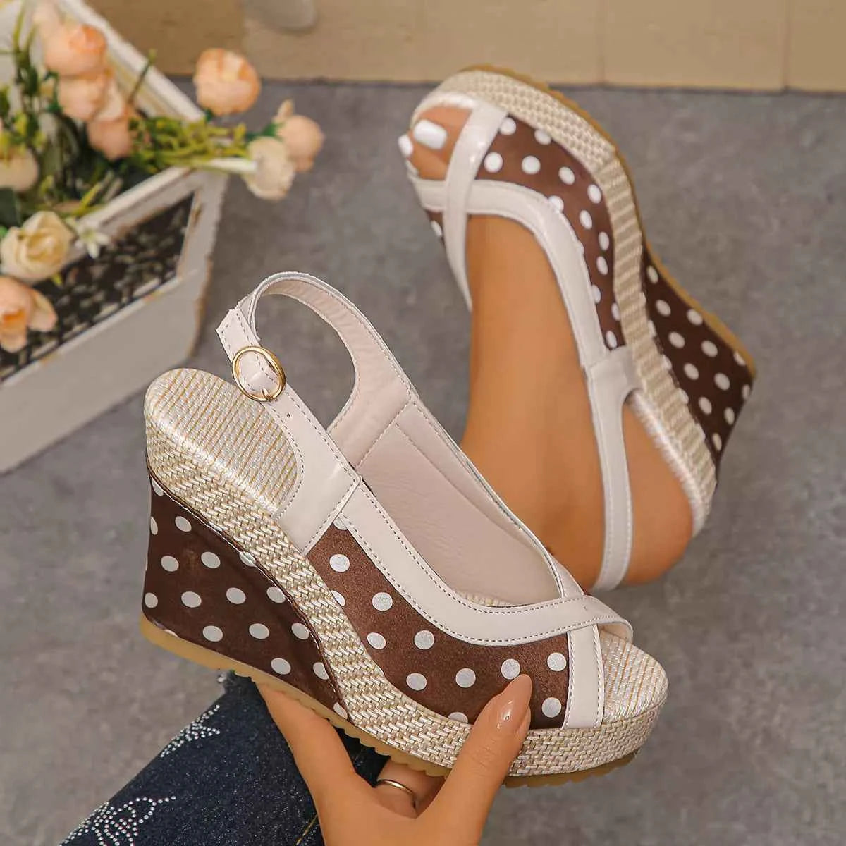 Polka Dot Peep Toe Wedge Sandals