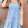 Bow Detail Spaghetti Straps Ruffle Hem Denim Dress