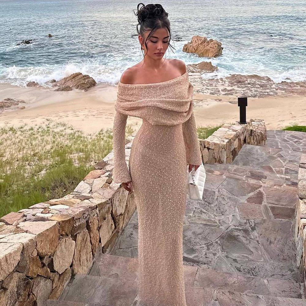 One-Shoulder Knitted Maxi Dress -Chic Long-Sleeve Beach Holiday Dress