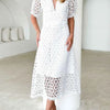 Eyelet Lace V-Neck Midi Dress with Puff Sleeves