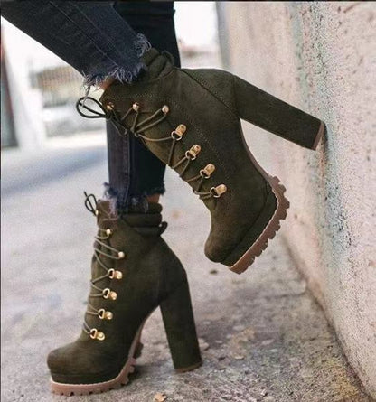 Women's Lace-Up Mid-Calf Heeled Boots – Stylish Round Toe High Heel Boots