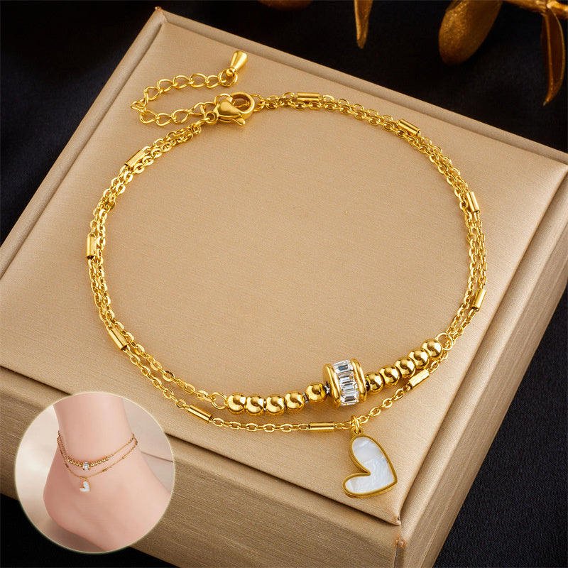 Boho Classic Love Heart Ankle Chain – Double Layer Charm Tassel Anklet Bracelet for Women