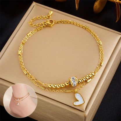 Boho Classic Love Heart Ankle Chain – Double Layer Charm Tassel Anklet Bracelet for Women