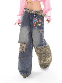 Urban Rebel Patchwork Distressed Wide-Leg Jeans