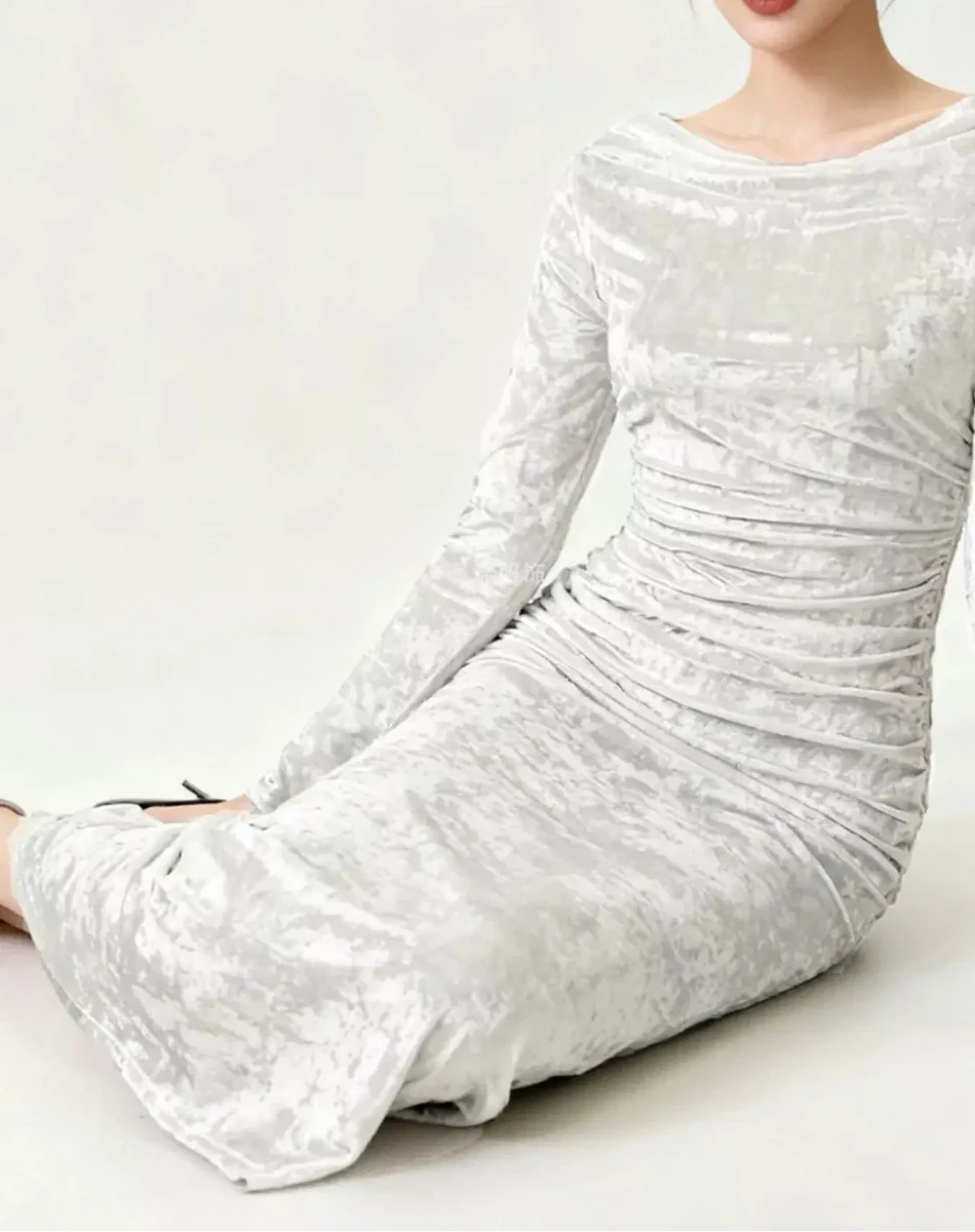 Champagne Whispers Ruched Velvet Midi Dress - Lustreve
