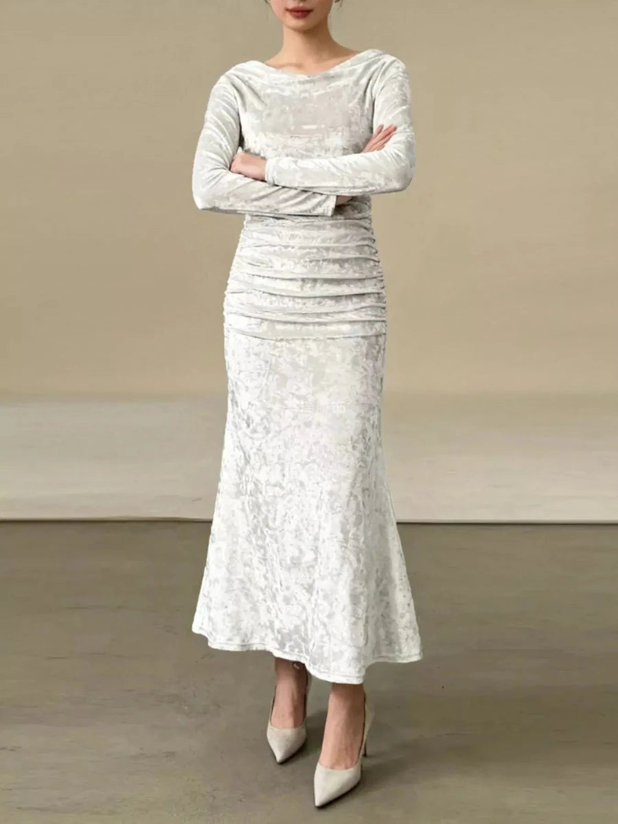 Champagne Whispers Ruched Velvet Midi Dress - Lustreve