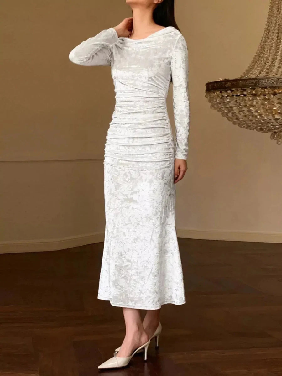 Champagne Whispers Ruched Velvet Midi Dress - Lustreve