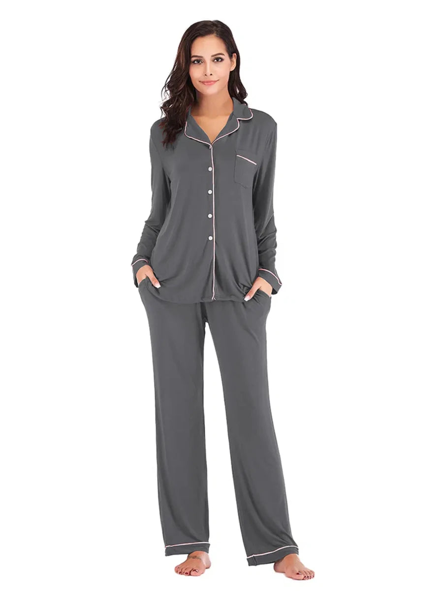 Collared Neck Long Sleeve Loungewear Set with Pockets - Lustreve