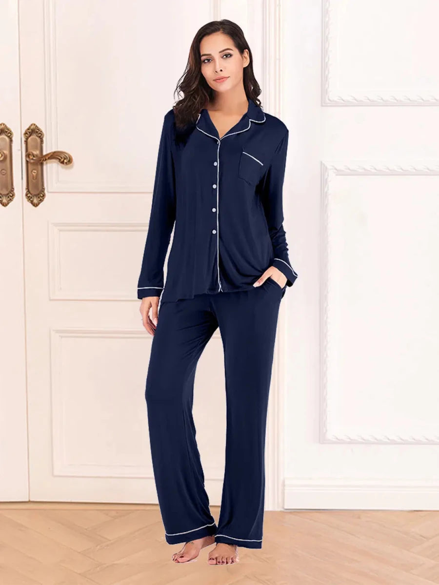 Collared Neck Long Sleeve Loungewear Set with Pockets - Lustreve
