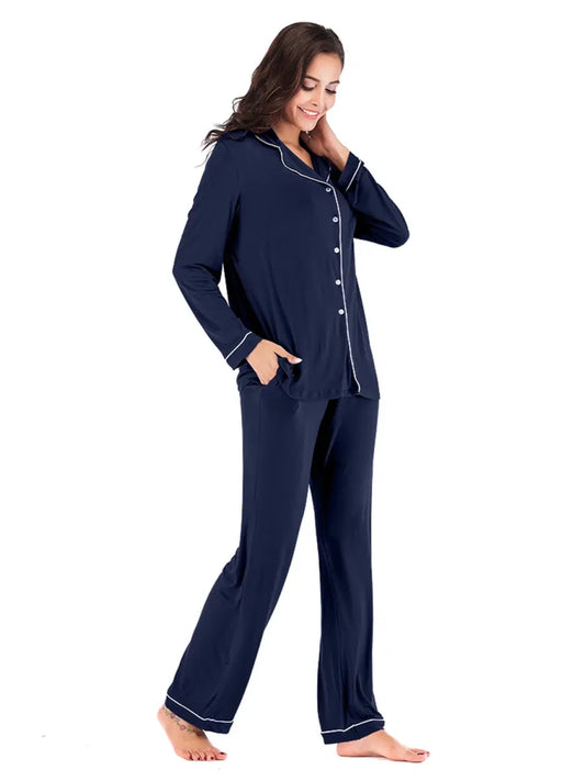 Collared Neck Long Sleeve Loungewear Set with Pockets - Lustreve