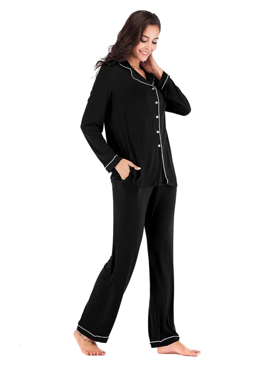 Collared Neck Long Sleeve Loungewear Set with Pockets - Lustreve