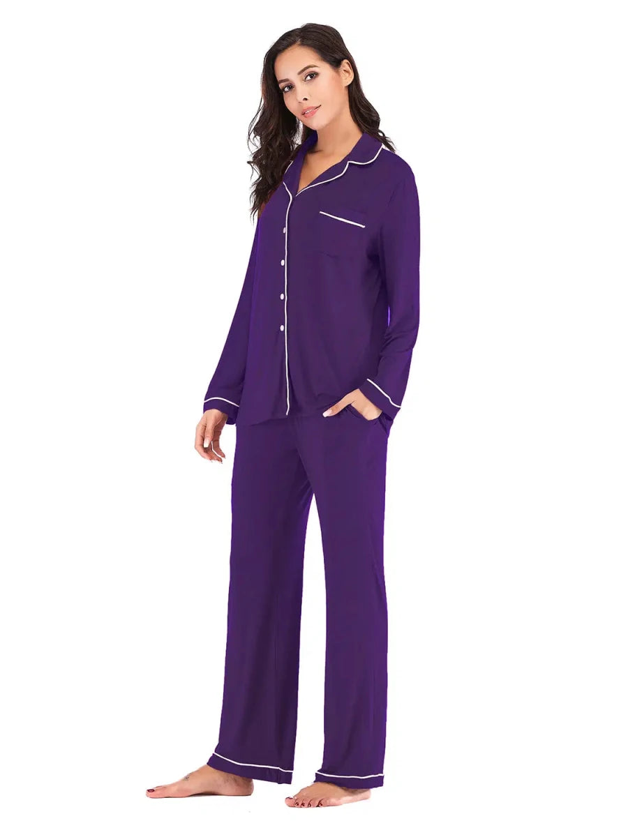 Collared Neck Long Sleeve Loungewear Set with Pockets - Lustreve