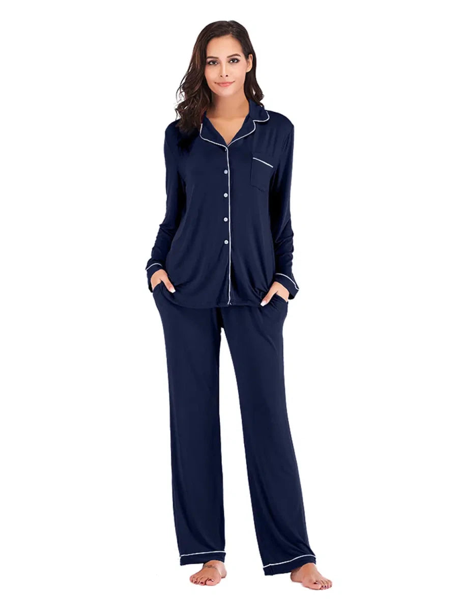Collared Neck Long Sleeve Loungewear Set with Pockets - Lustreve