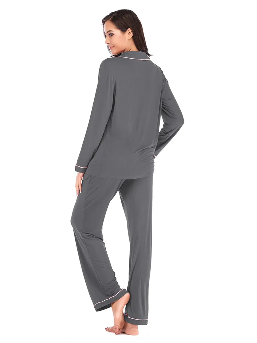 Collared Neck Long Sleeve Loungewear Set with Pockets - Lustreve