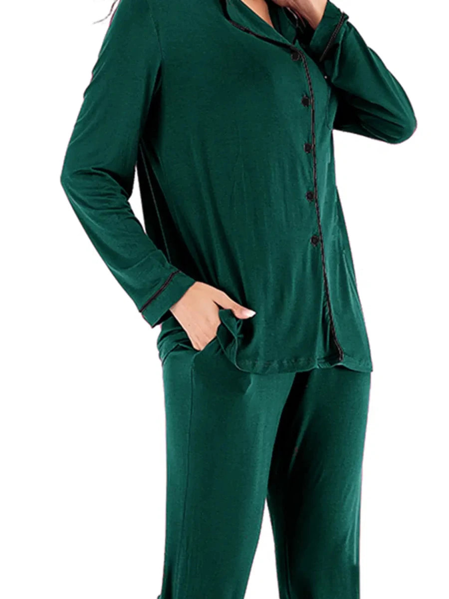 Collared Neck Long Sleeve Loungewear Set with Pockets - Lustreve