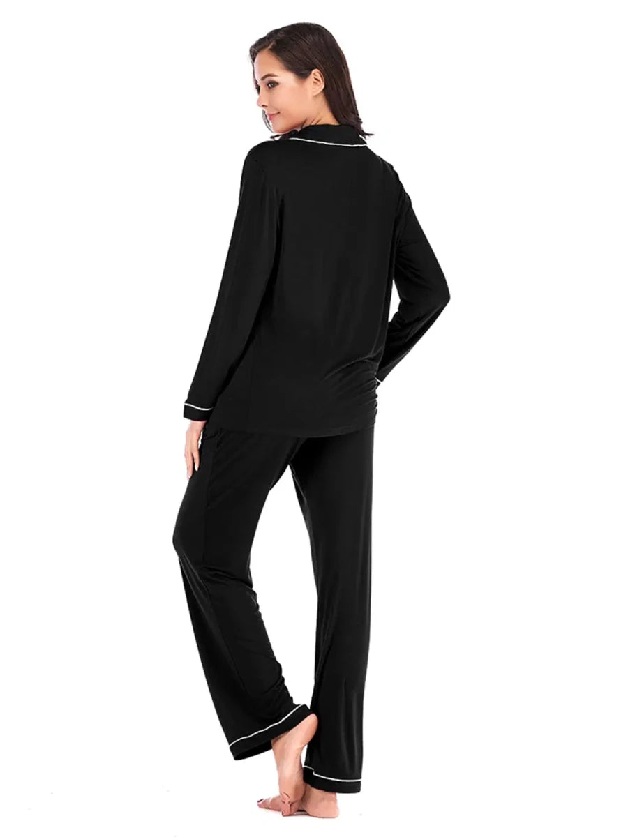 Collared Neck Long Sleeve Loungewear Set with Pockets - Lustreve