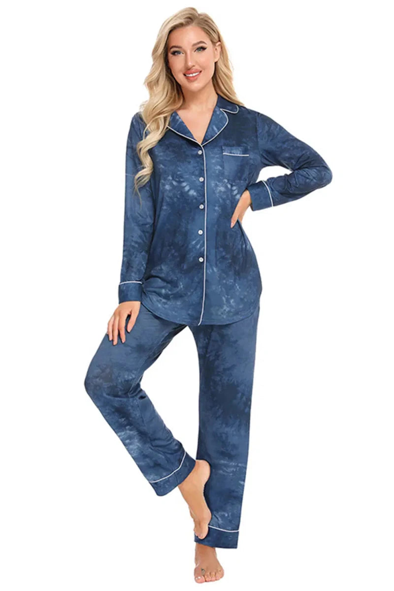 Collared Neck Long Sleeve Loungewear Set with Pockets - Lustreve
