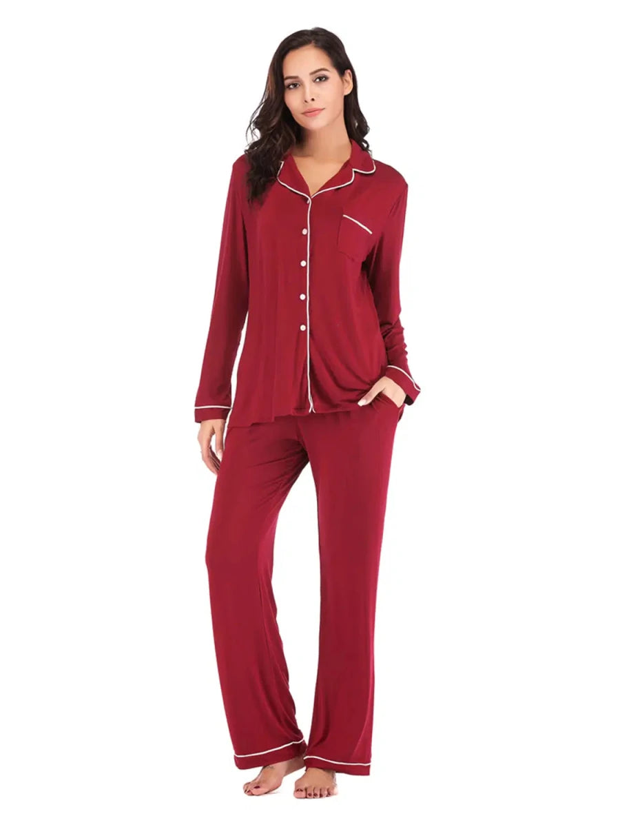 Collared Neck Long Sleeve Loungewear Set with Pockets - Lustreve