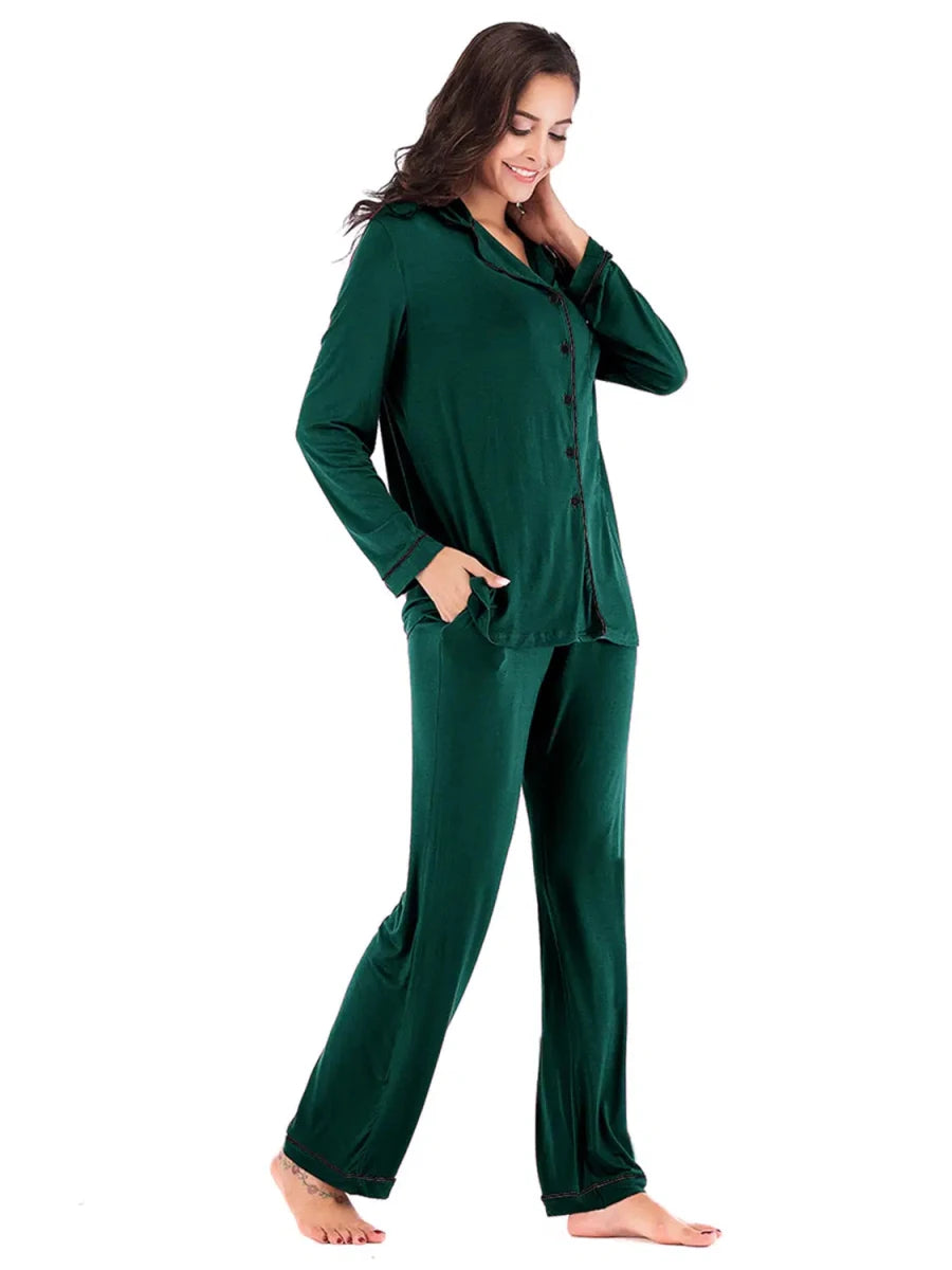 Collared Neck Long Sleeve Loungewear Set with Pockets - Lustreve