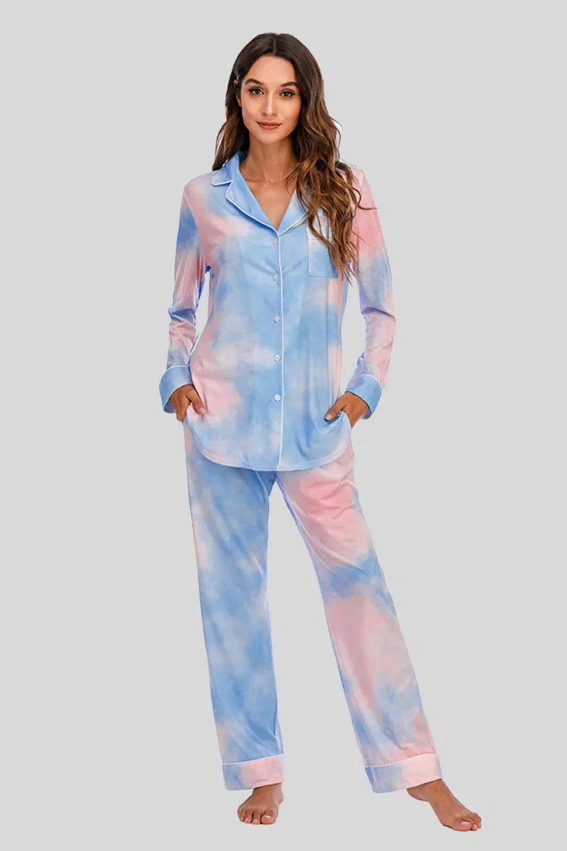 Collared Neck Long Sleeve Loungewear Set with Pockets - Lustreve