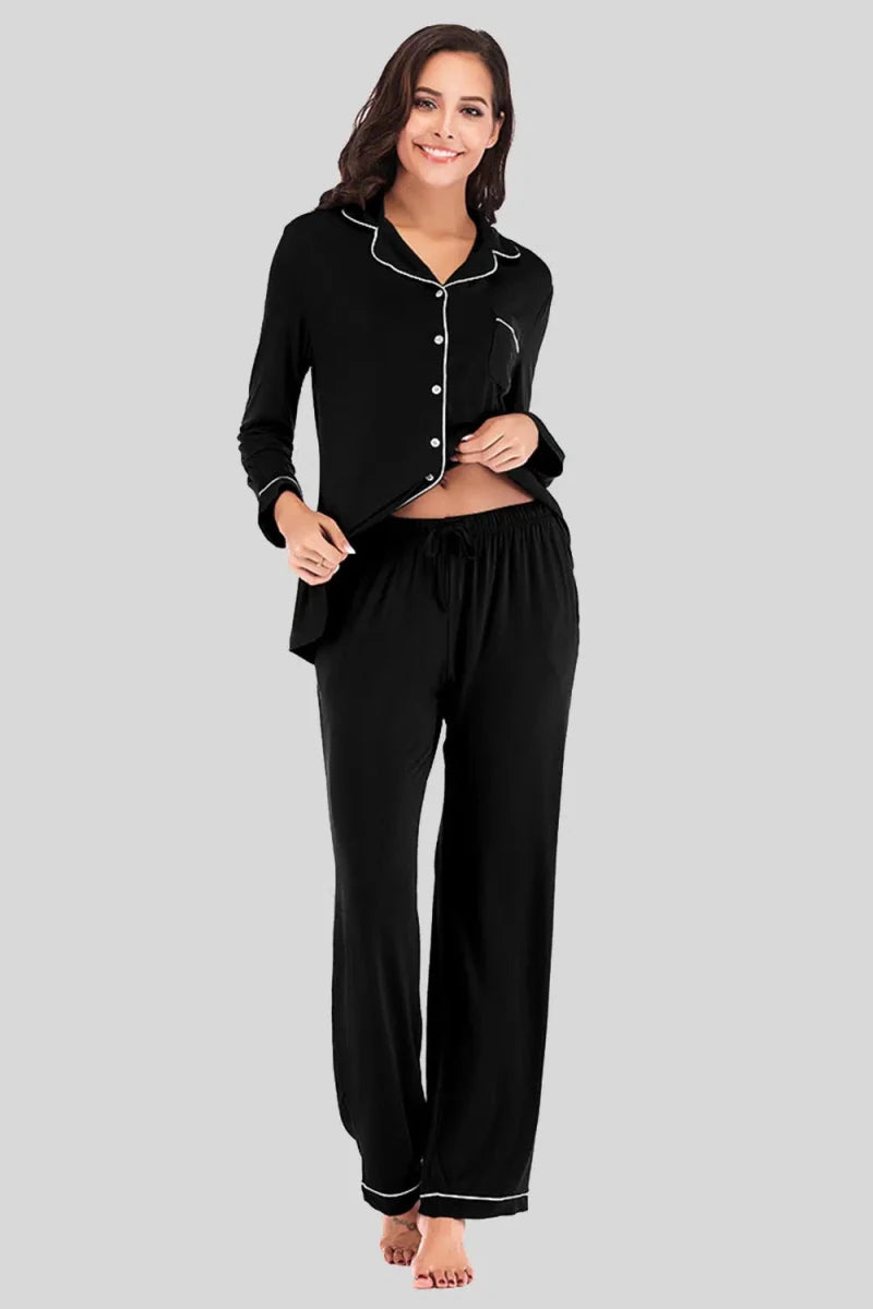 Collared Neck Long Sleeve Loungewear Set with Pockets - Lustreve