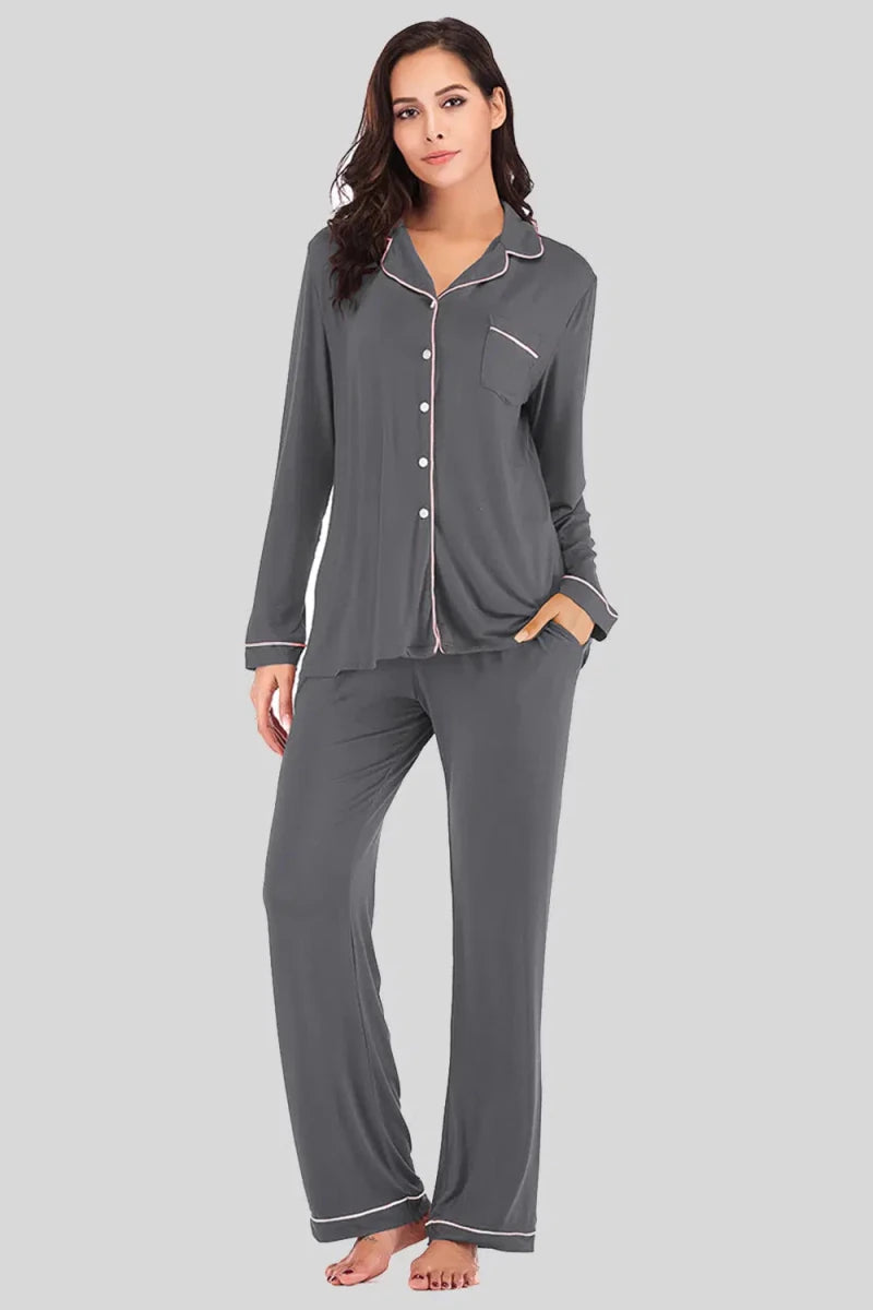 Collared Neck Long Sleeve Loungewear Set with Pockets - Lustreve