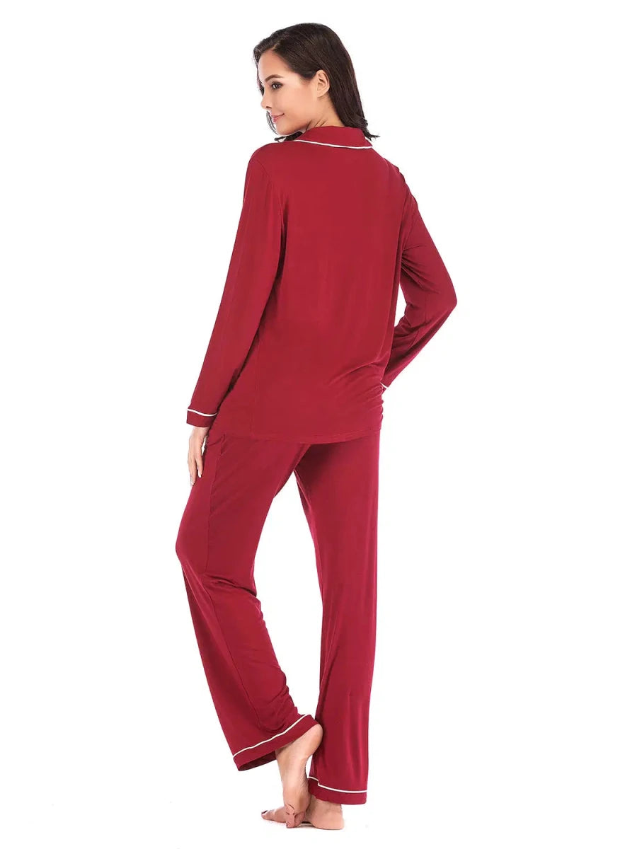 Collared Neck Long Sleeve Loungewear Set with Pockets - Lustreve