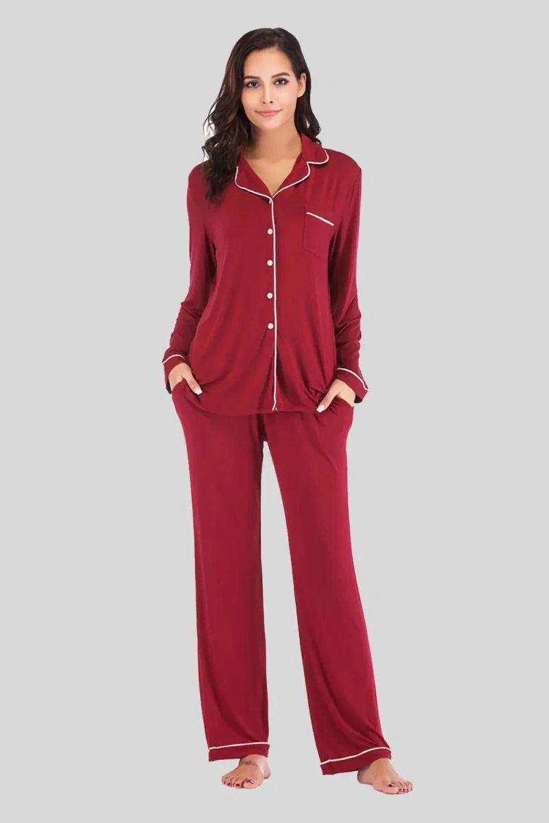 Collared Neck Long Sleeve Loungewear Set with Pockets - Lustreve