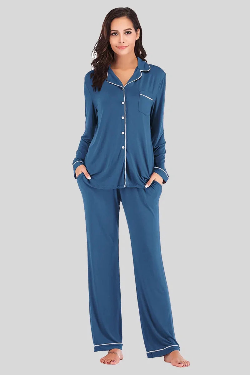 Collared Neck Long Sleeve Loungewear Set with Pockets - Lustreve