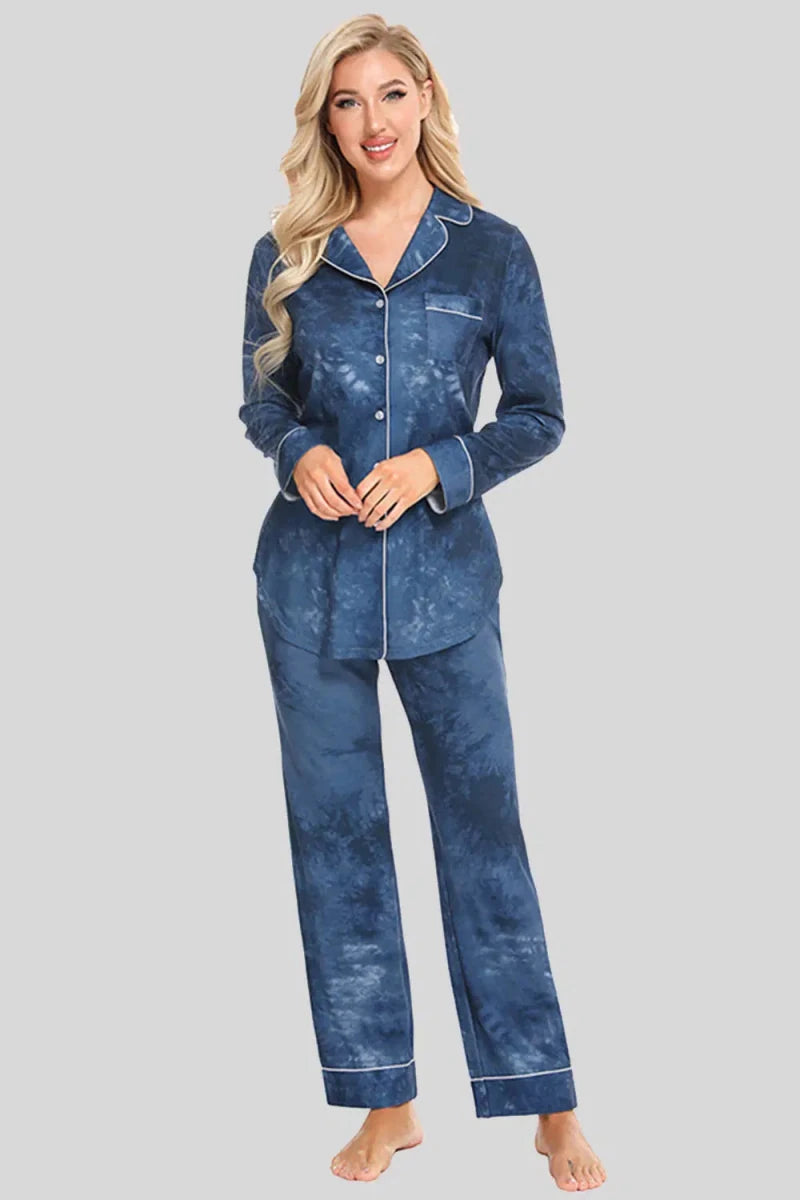 Collared Neck Long Sleeve Loungewear Set with Pockets - Lustreve