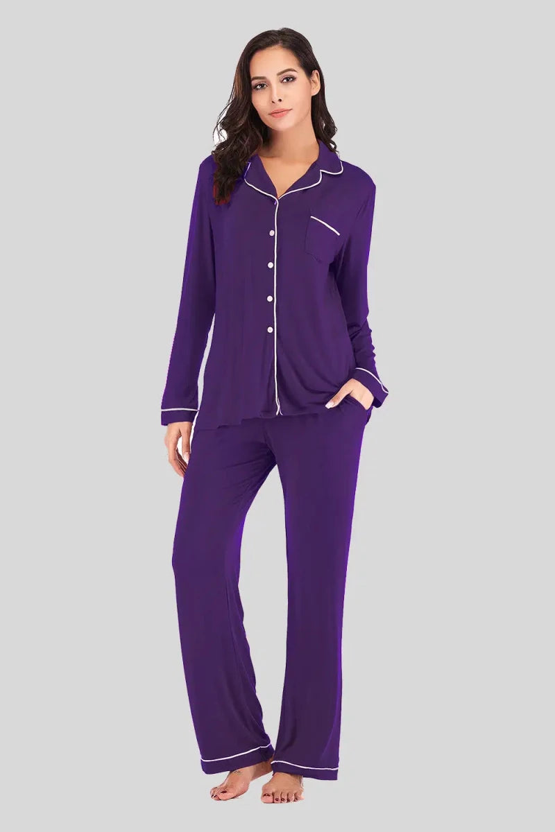 Collared Neck Long Sleeve Loungewear Set with Pockets - Lustreve