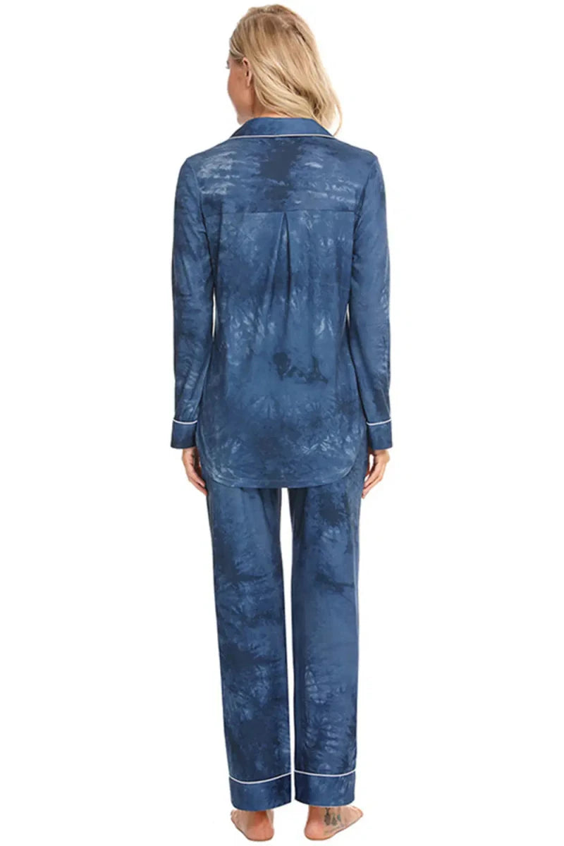 Collared Neck Long Sleeve Loungewear Set with Pockets - Lustreve