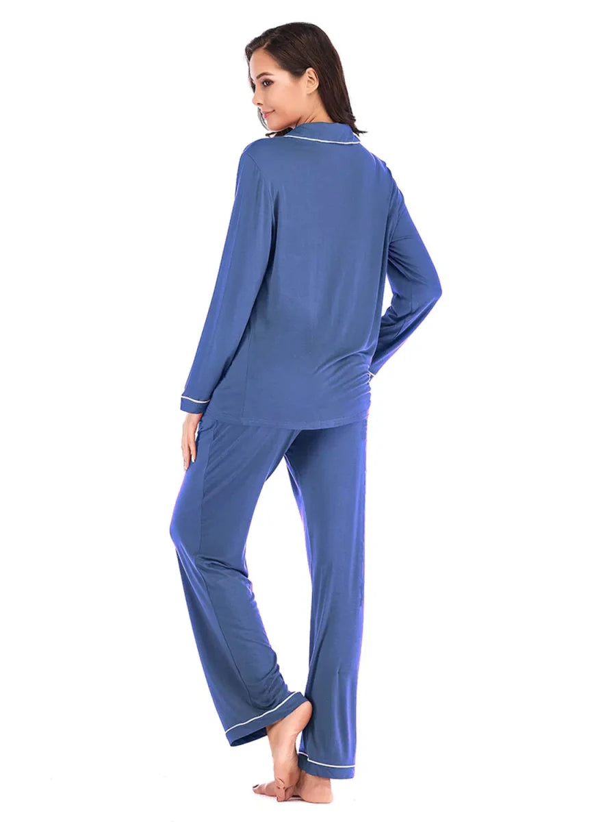 Collared Neck Long Sleeve Loungewear Set with Pockets - Lustreve