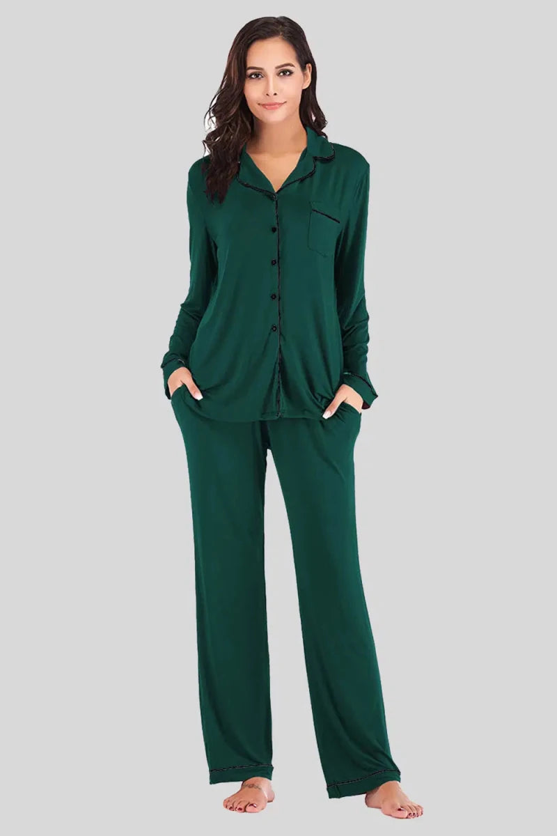 Collared Neck Long Sleeve Loungewear Set with Pockets - Lustreve