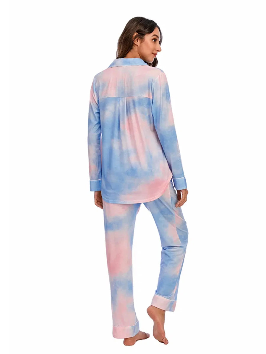 Collared Neck Long Sleeve Loungewear Set with Pockets - Lustreve