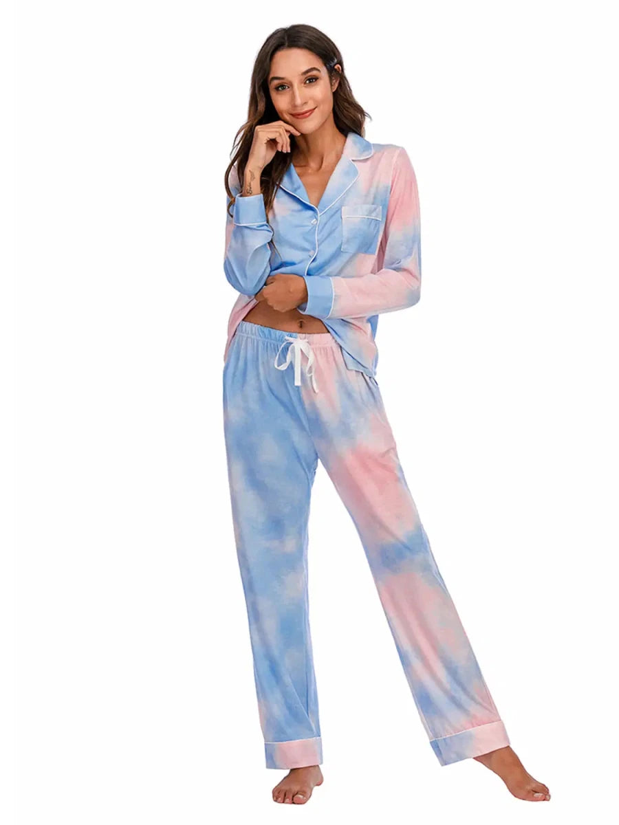 Collared Neck Long Sleeve Loungewear Set with Pockets - Lustreve