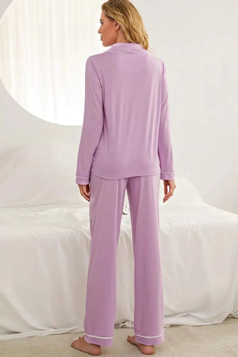 Contrast Piping Button Down Top and Pants Loungewear Set - Lustreve