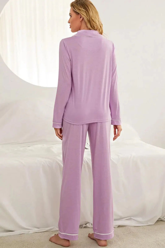 Contrast Piping Button Down Top and Pants Loungewear Set - Lustreve