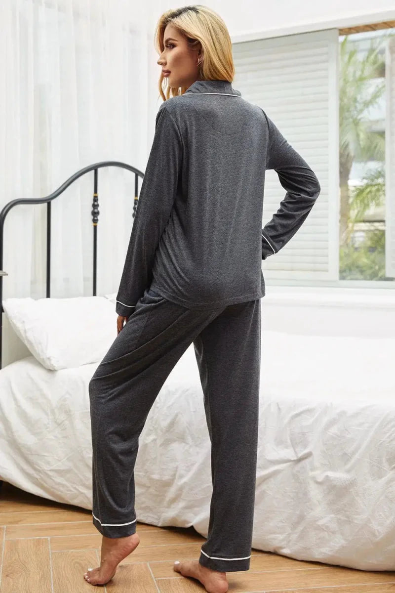 Contrast Piping Button Down Top and Pants Loungewear Set - Lustreve