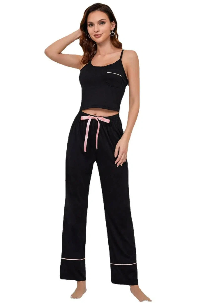 Contrast Trim Cropped Cami and Pants Loungewear Set - Lustreve